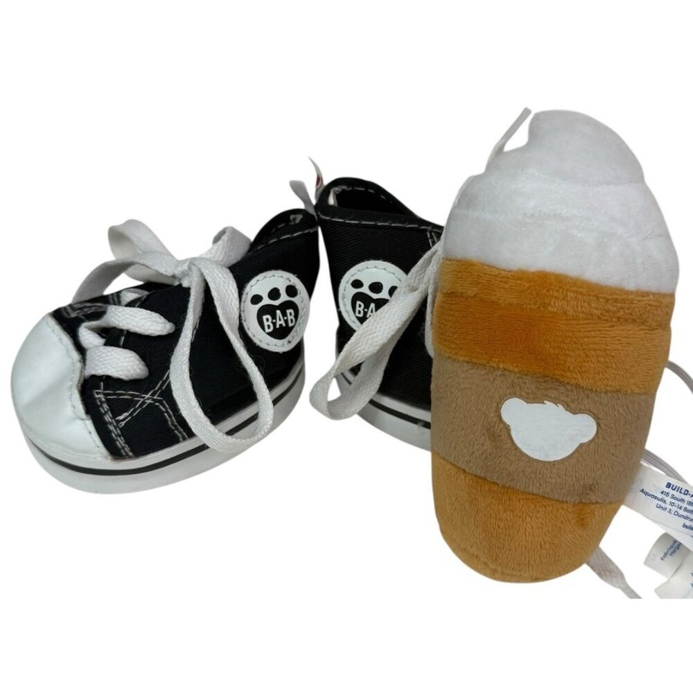 Build-A-Bear Workshop Pumpkin Spice Latte Wristie +Black High Top Converse Shoes